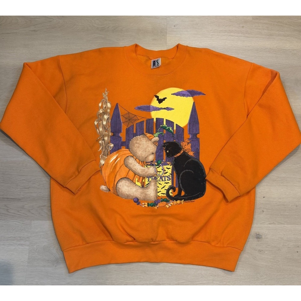Vintage Atlas Sportswear XL Halloween Sweatshirt Orange Black Cat Teddy Bear